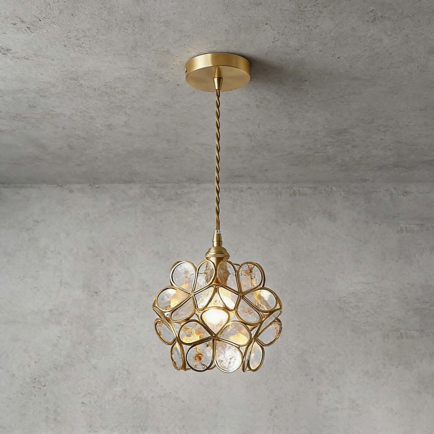 Elegant Glass Petal Pendant Light with Brass Accents | Vintage Floral Design for Warm Ambiance 9