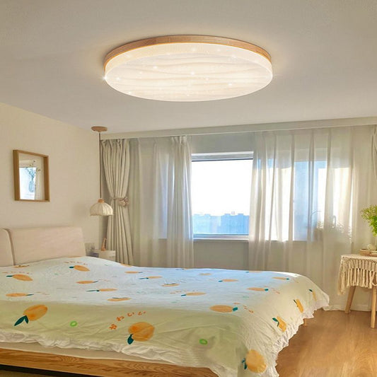 Elegant LED Flush Mount Ceiling Light with Natural Wood Base | Dimmable Fixture for Cozy Indoor Ambiance 0