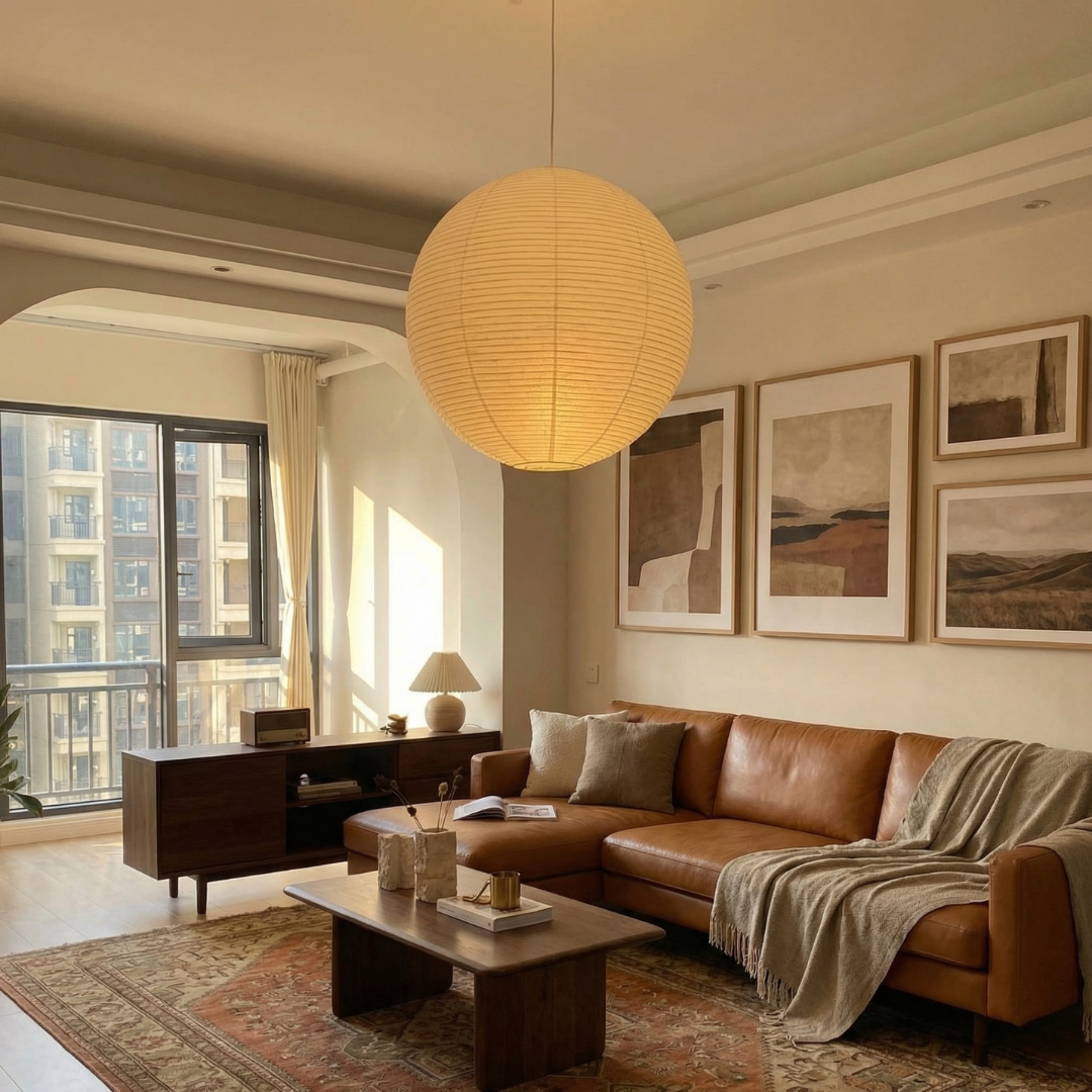 Elegant Paper Pendant Light | Mid-Century Design with Warm Ambient Glow | Soft Cotton Shade for Cozy Indoor Spaces 3