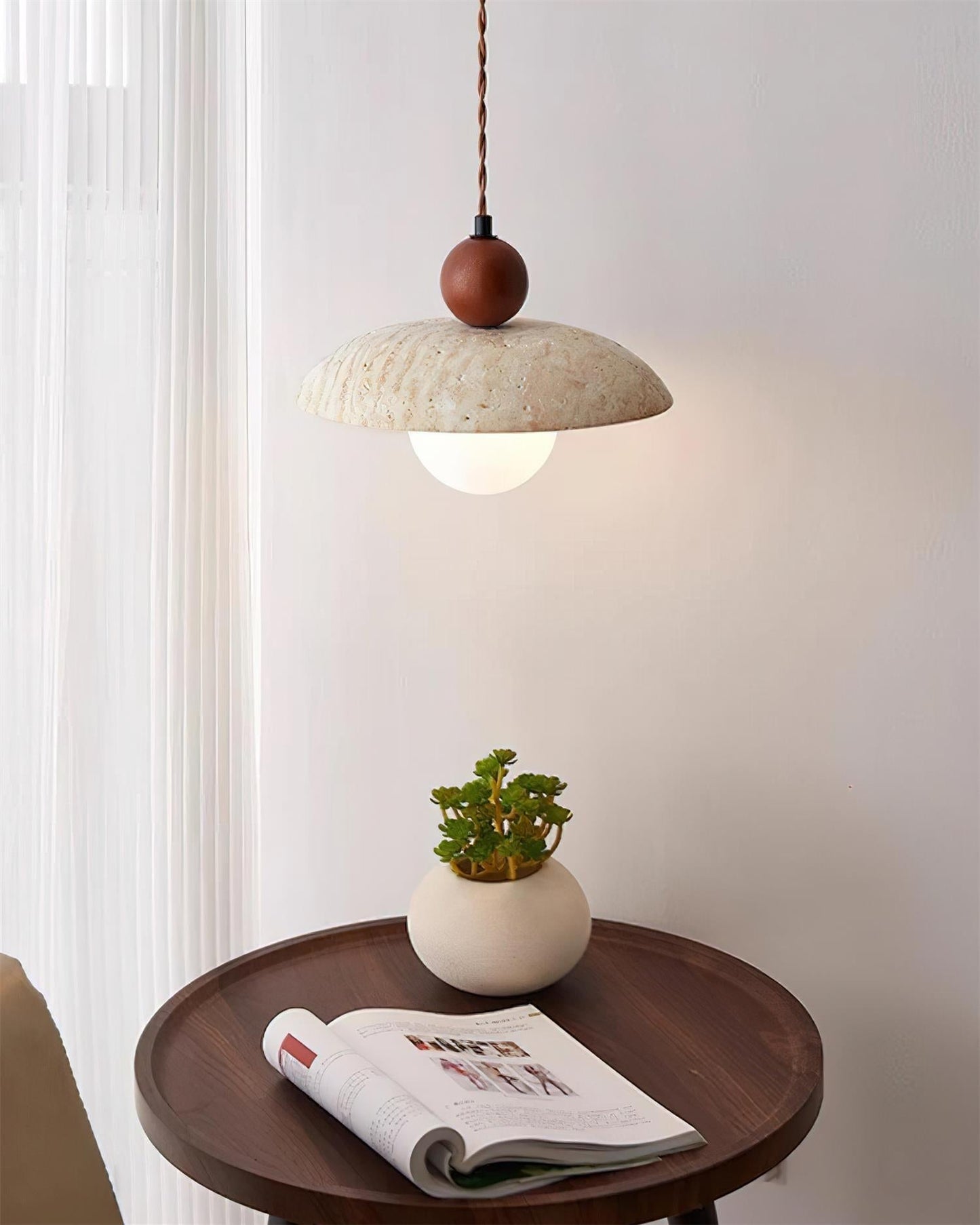 Elegant Pendant Lighting | Travertine Shade with Wooden Accent | Stylish Hanging Light for Warm Ambiance 2
