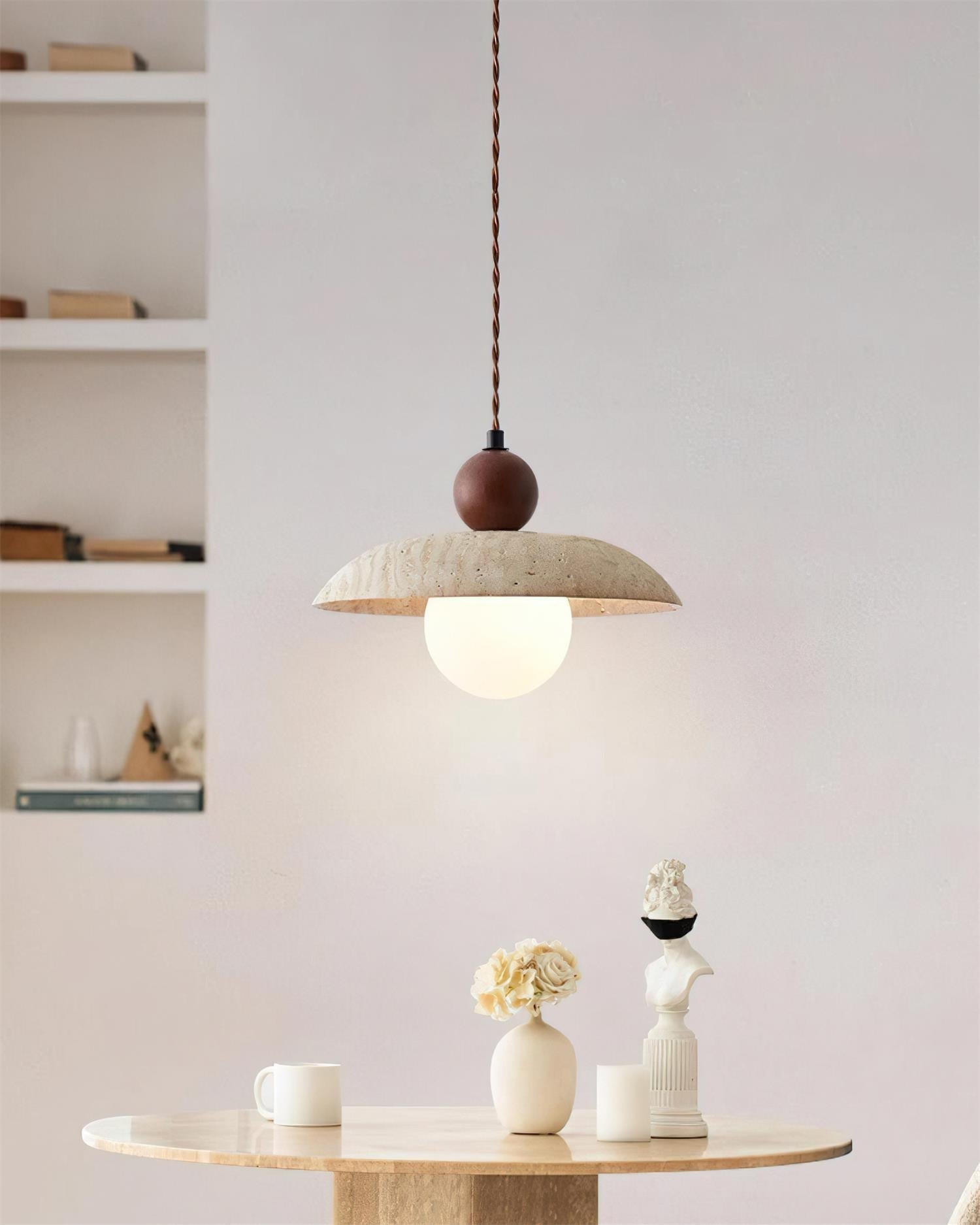 Elegant Pendant Lighting | Travertine Shade with Wooden Accent | Stylish Hanging Light for Warm Ambiance 3