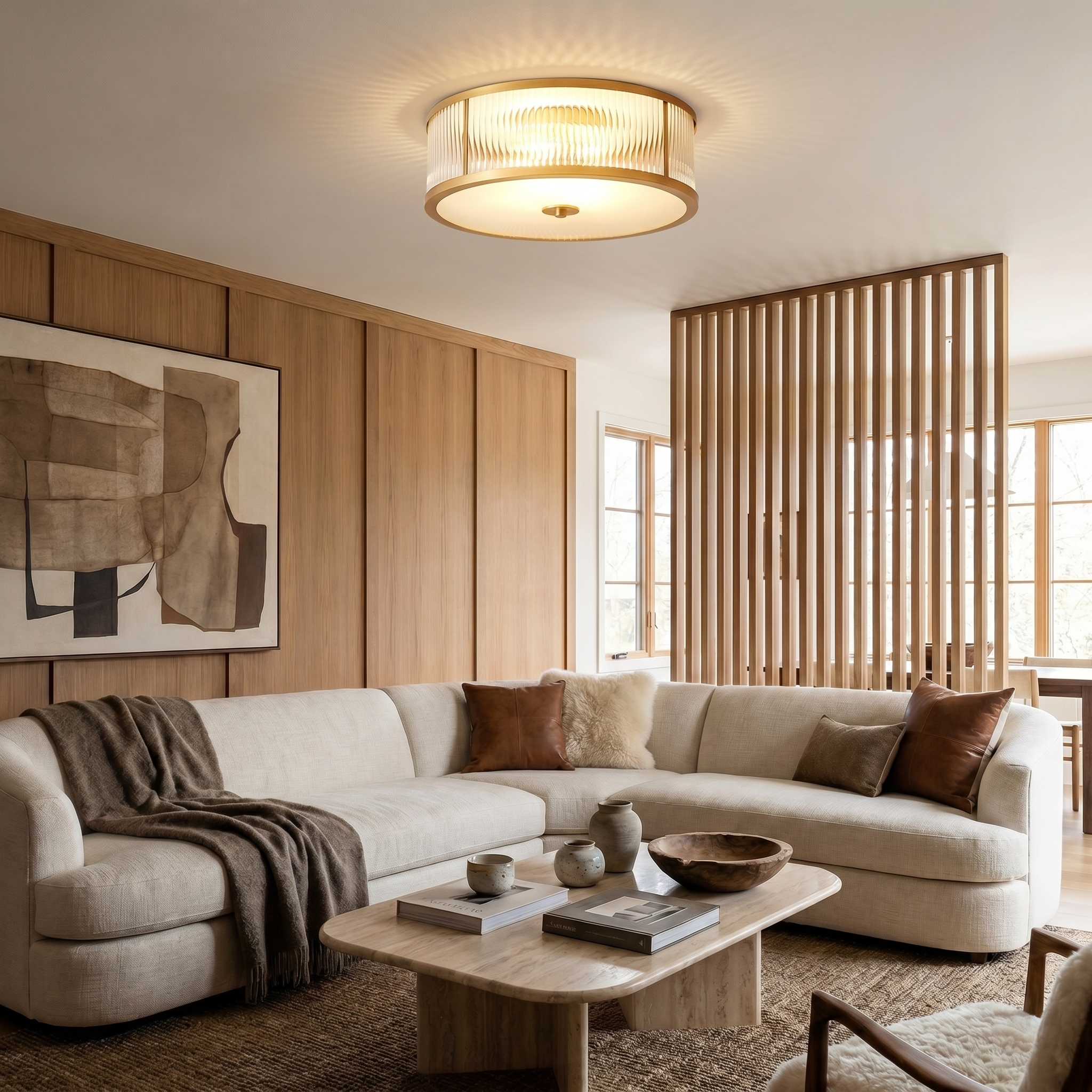 Ribbed Glass Drum Semi-Flush Ceiling Light, Metal Frame | Brass or Black Finish | Vintage Style