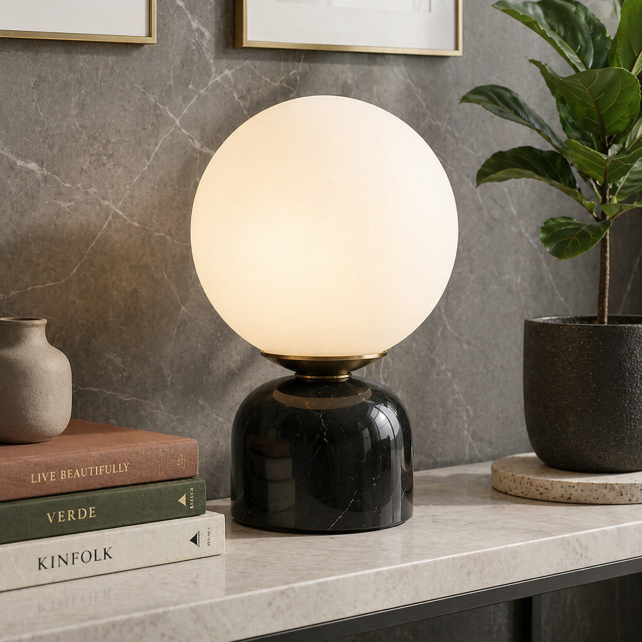 Elegant Table Lamp | Frosted Glass Globe with Marble Base | Soft Ambient Lighting for Bedside Tables 0
