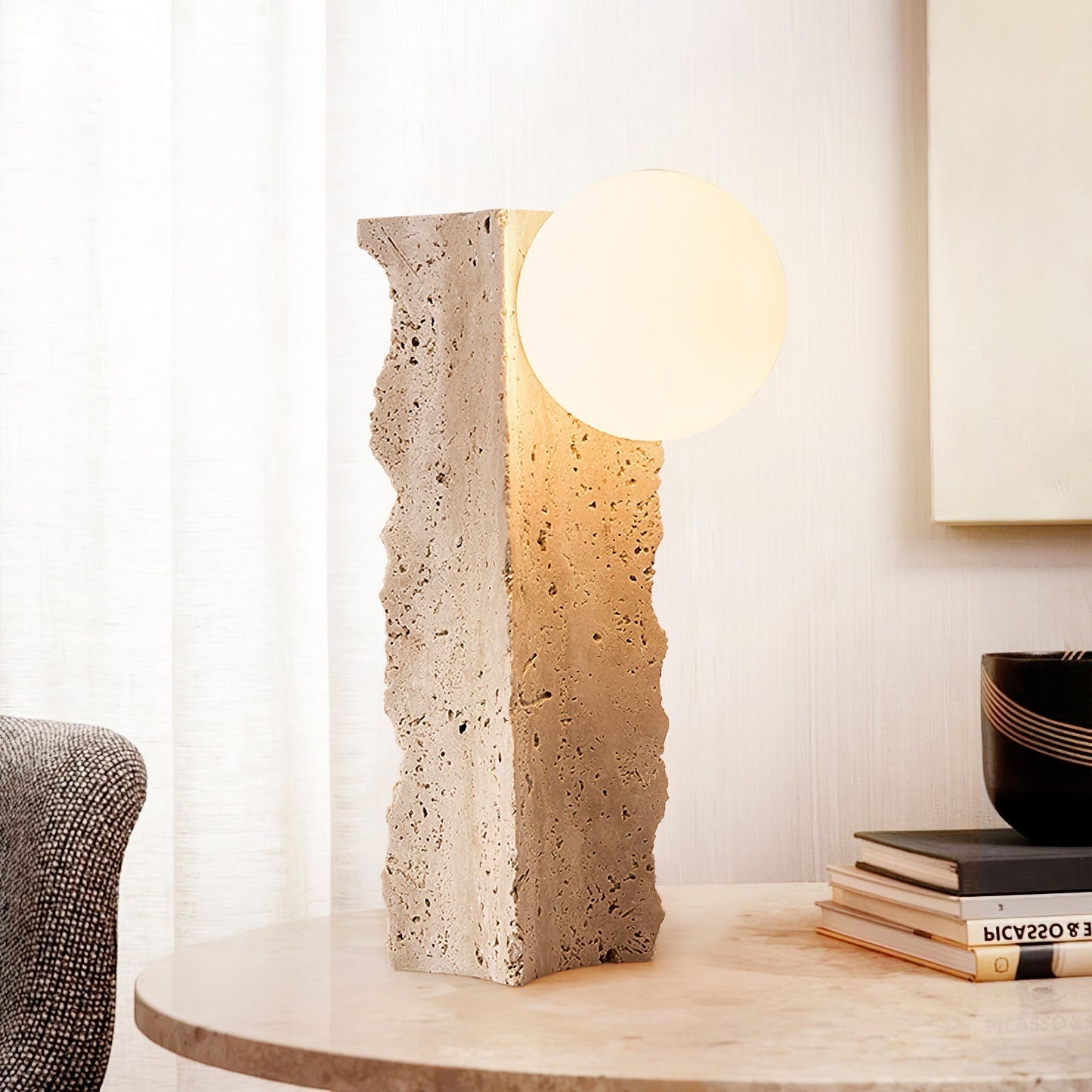 Elegant Travertine Table Lamp with Inline Switch | Unique Bedside Lighting for Warm Ambiance 5