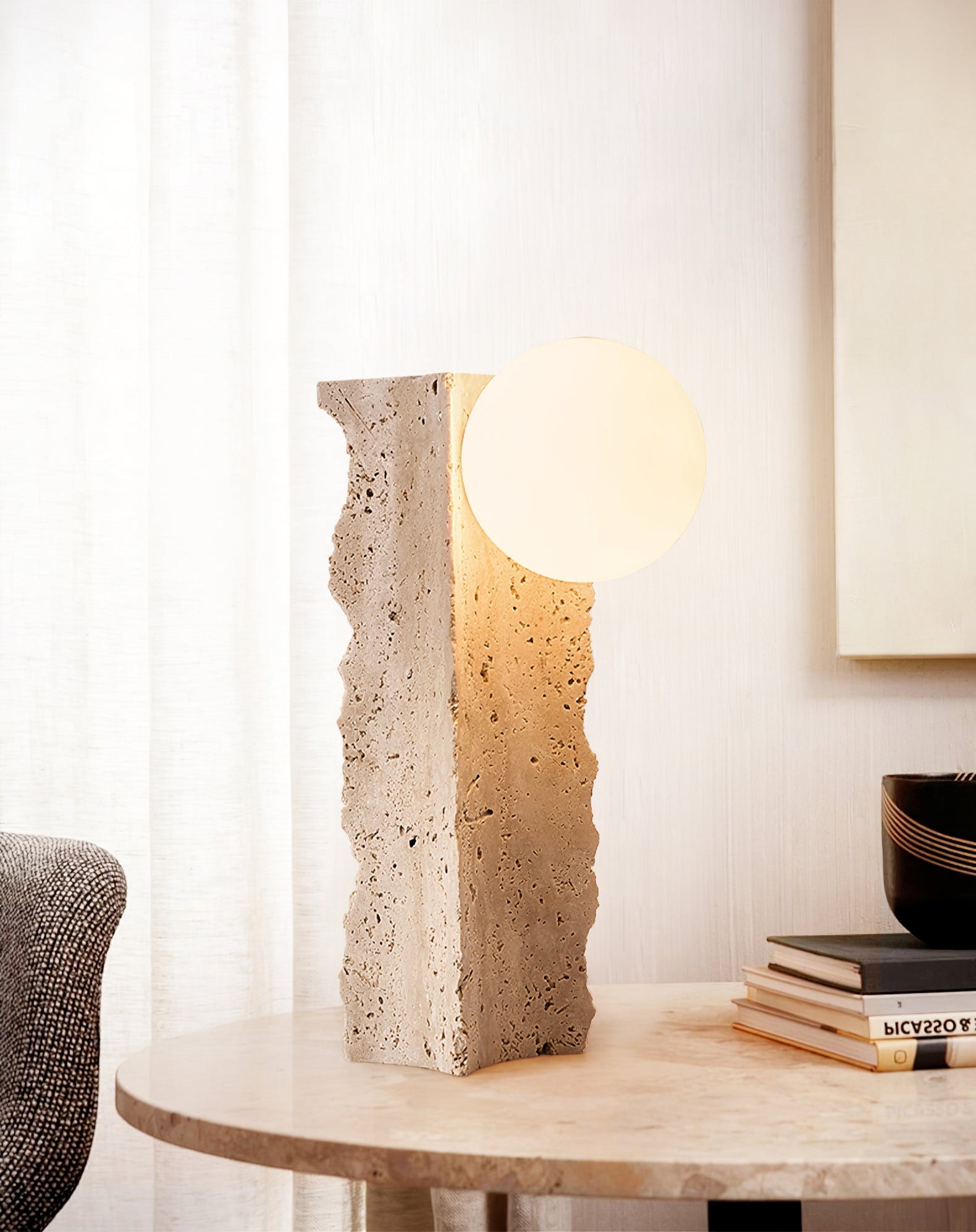 Elegant Travertine Table Lamp with Inline Switch | Unique Bedside Lighting for Warm Ambiance 6