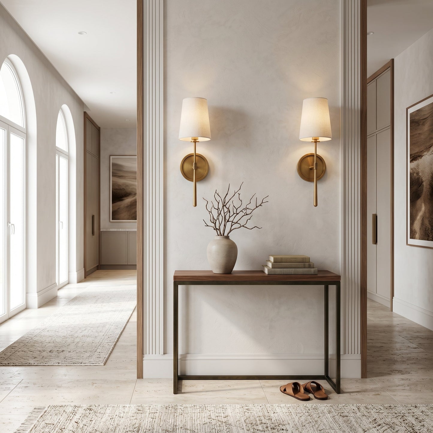 Elegant Wall Sconce Lighting with Dual-Arm Design & Tapered Linen Shades for Timeless Interiors 1