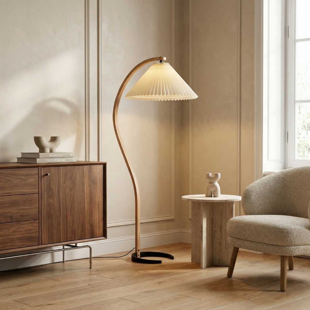 Elegant Wooden Floor Lamp with Linen Shade & Curved Design | Modern Lighting for Living Room 0