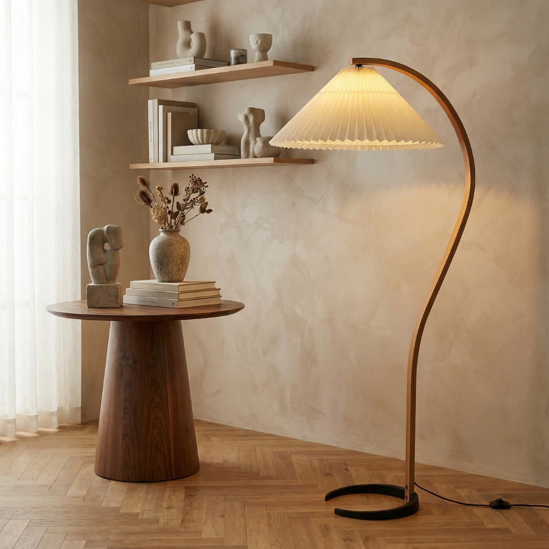 Elegant Wooden Floor Lamp with Linen Shade & Curved Design | Modern Lighting for Living Room 1