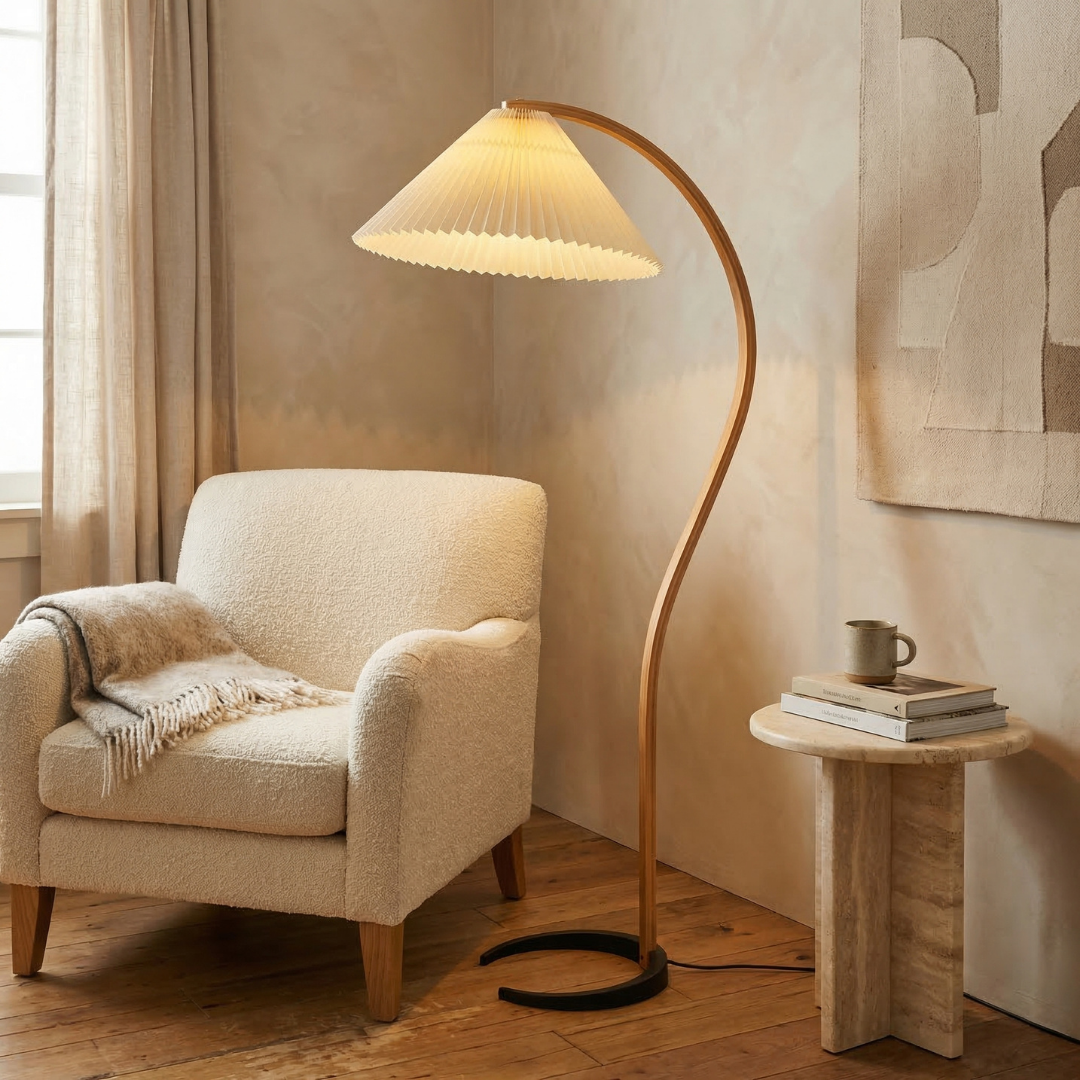 Elegant Wooden Floor Lamp with Linen Shade & Curved Design | Modern Lighting for Living Room 2