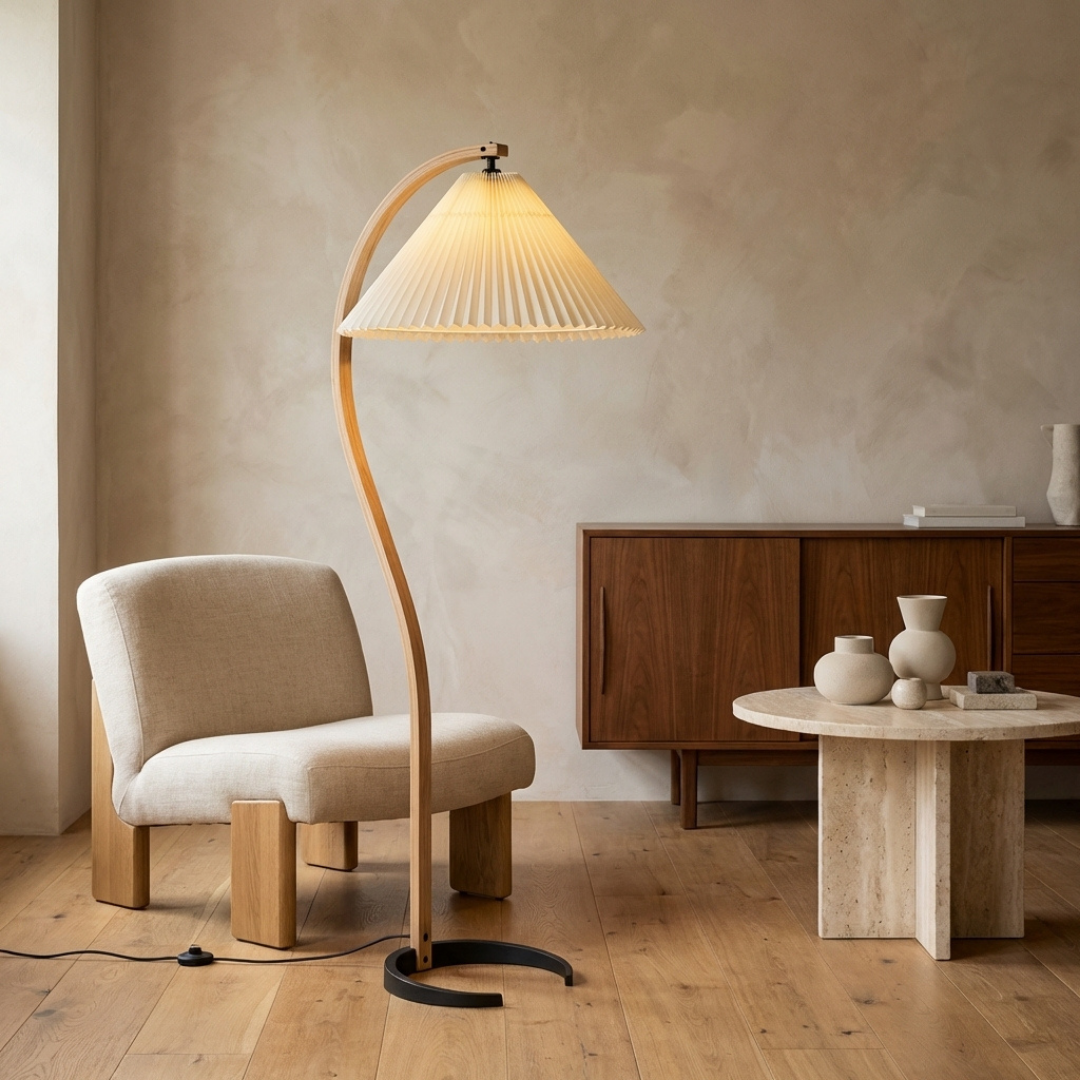 Elegant Wooden Floor Lamp with Linen Shade & Curved Design | Modern Lighting for Living Room 3