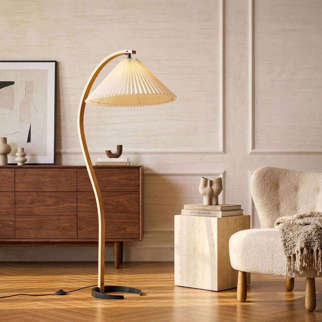 Elegant Wooden Floor Lamp with Linen Shade & Curved Design | Modern Lighting for Living Room 4