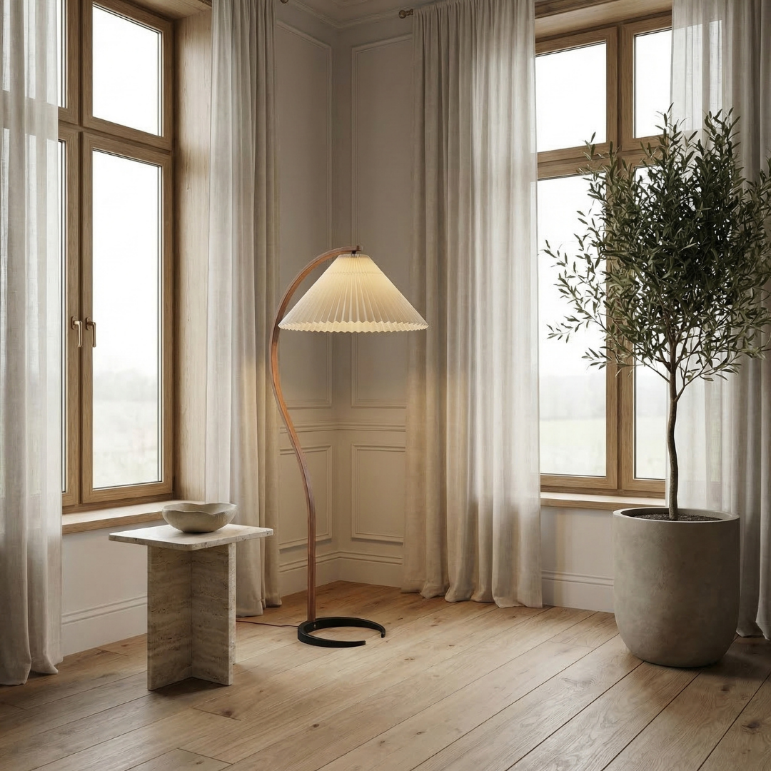Elegant Wooden Floor Lamp with Linen Shade & Curved Design | Modern Lighting for Living Room 5