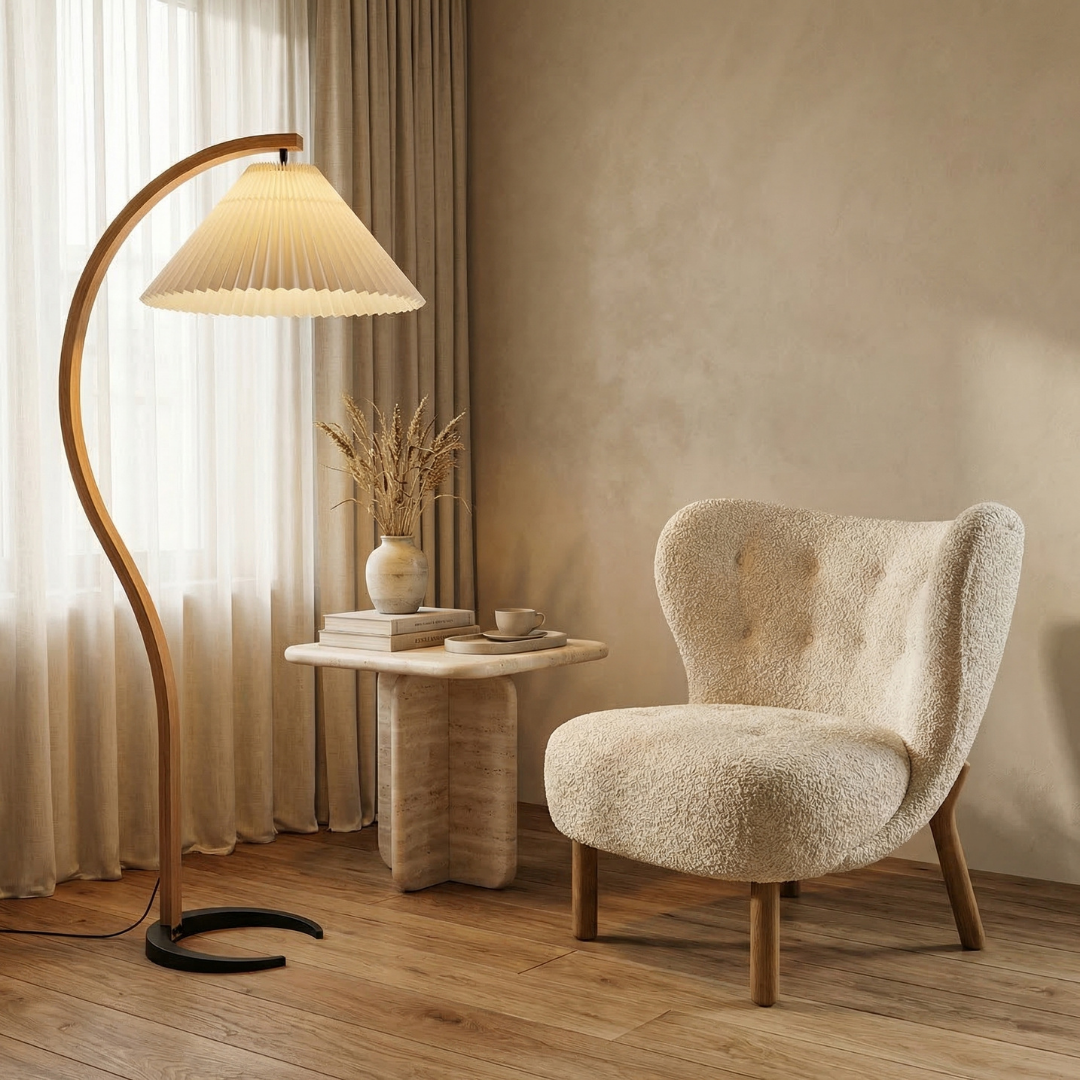 Elegant Wooden Floor Lamp with Linen Shade & Curved Design | Modern Lighting for Living Room 6