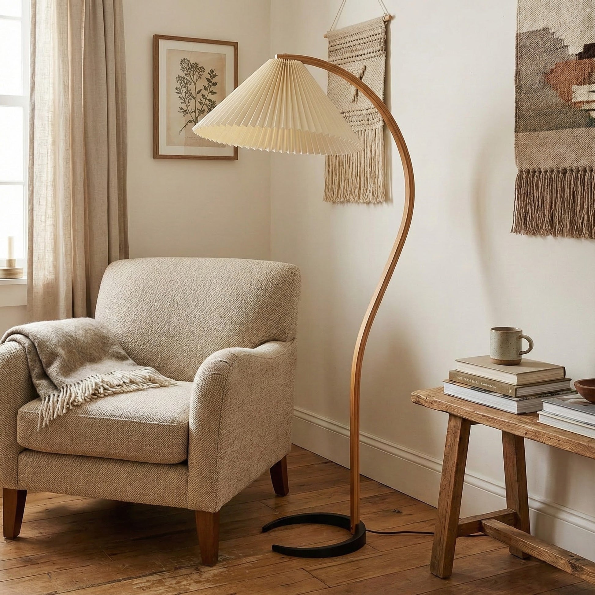 Elegant Wooden Floor Lamp with Linen Shade & Curved Design | Modern Lighting for Living Room 7