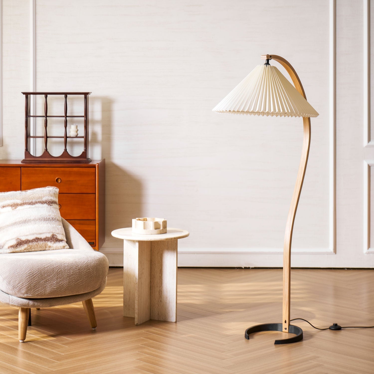 Elegant Wooden Floor Lamp with Linen Shade & Curved Design | Modern Lighting for Living Room 8