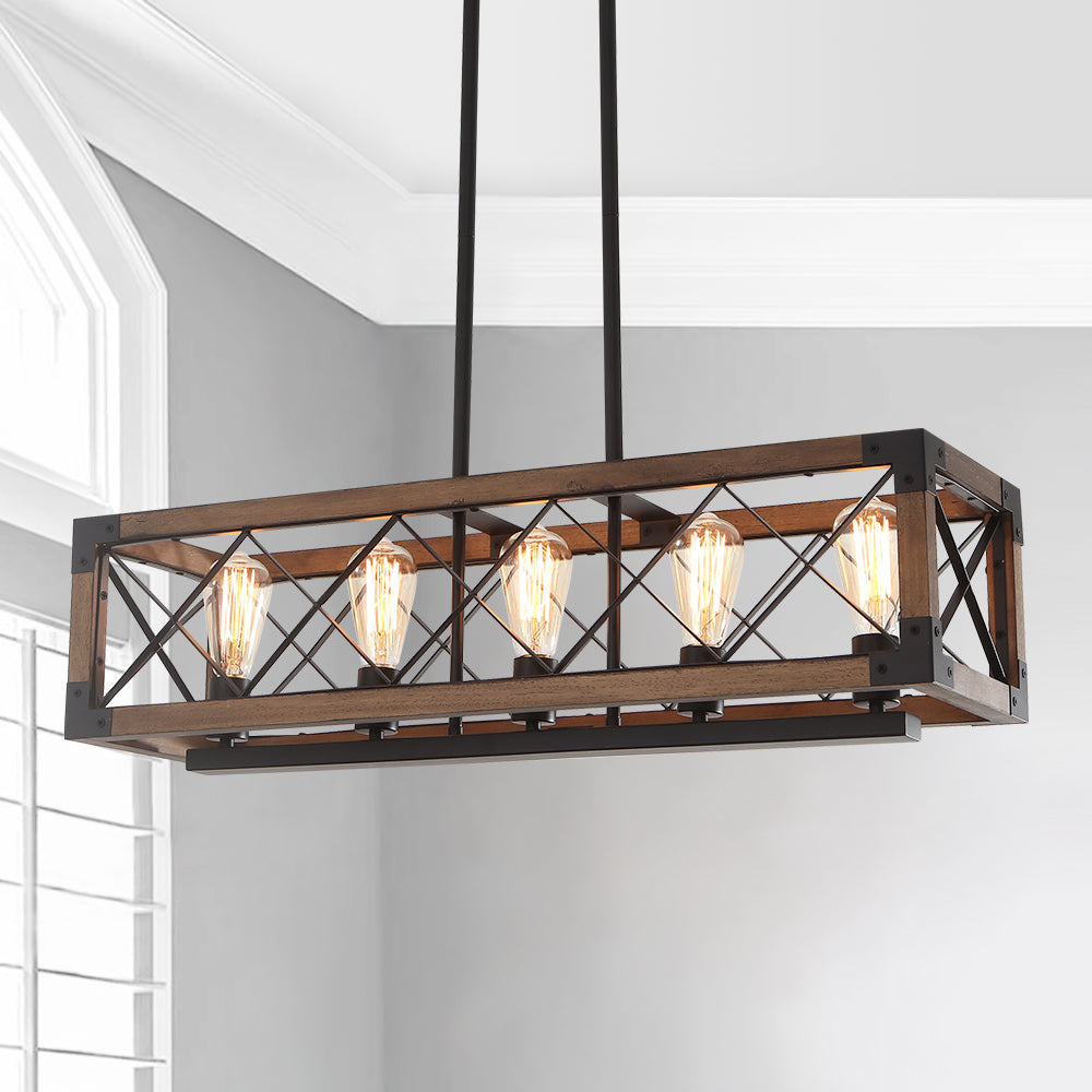 5-Light Black Rectangular Wood Cage Chandelier
