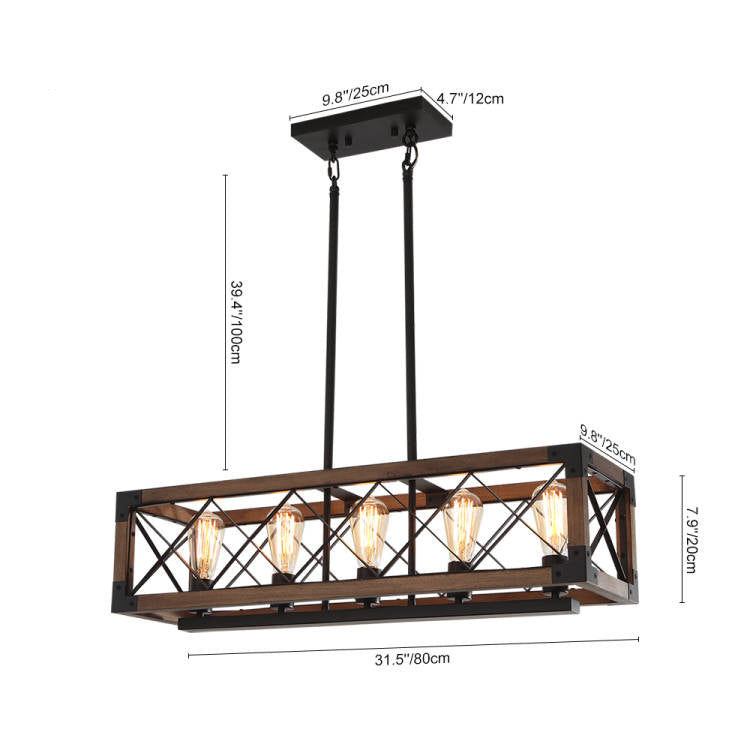 5-Light Black Rectangular Wood Cage Chandelier