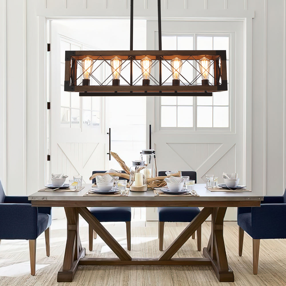 5-Light Black Rectangular Wood Cage Chandelier