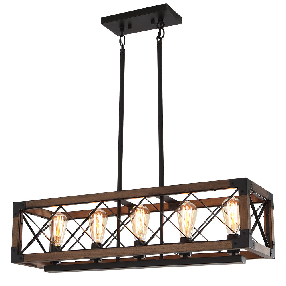 5-Light Black Rectangular Wood Cage Chandelier
