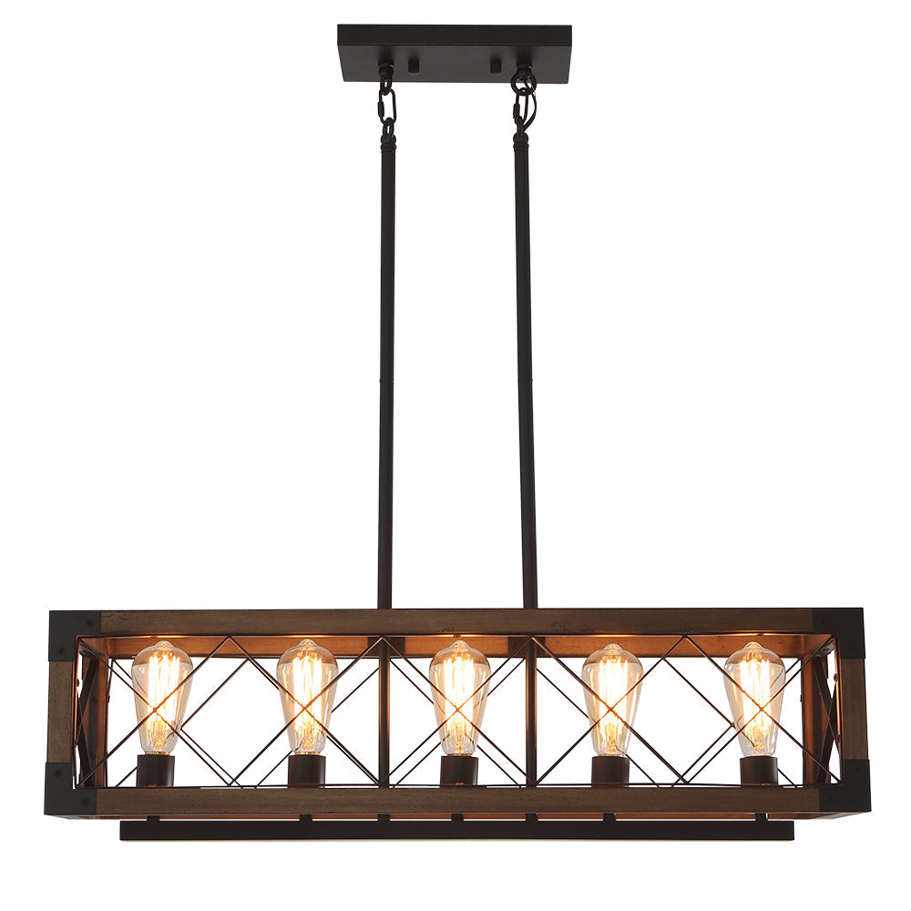 5-Light Black Rectangular Wood Cage Chandelier