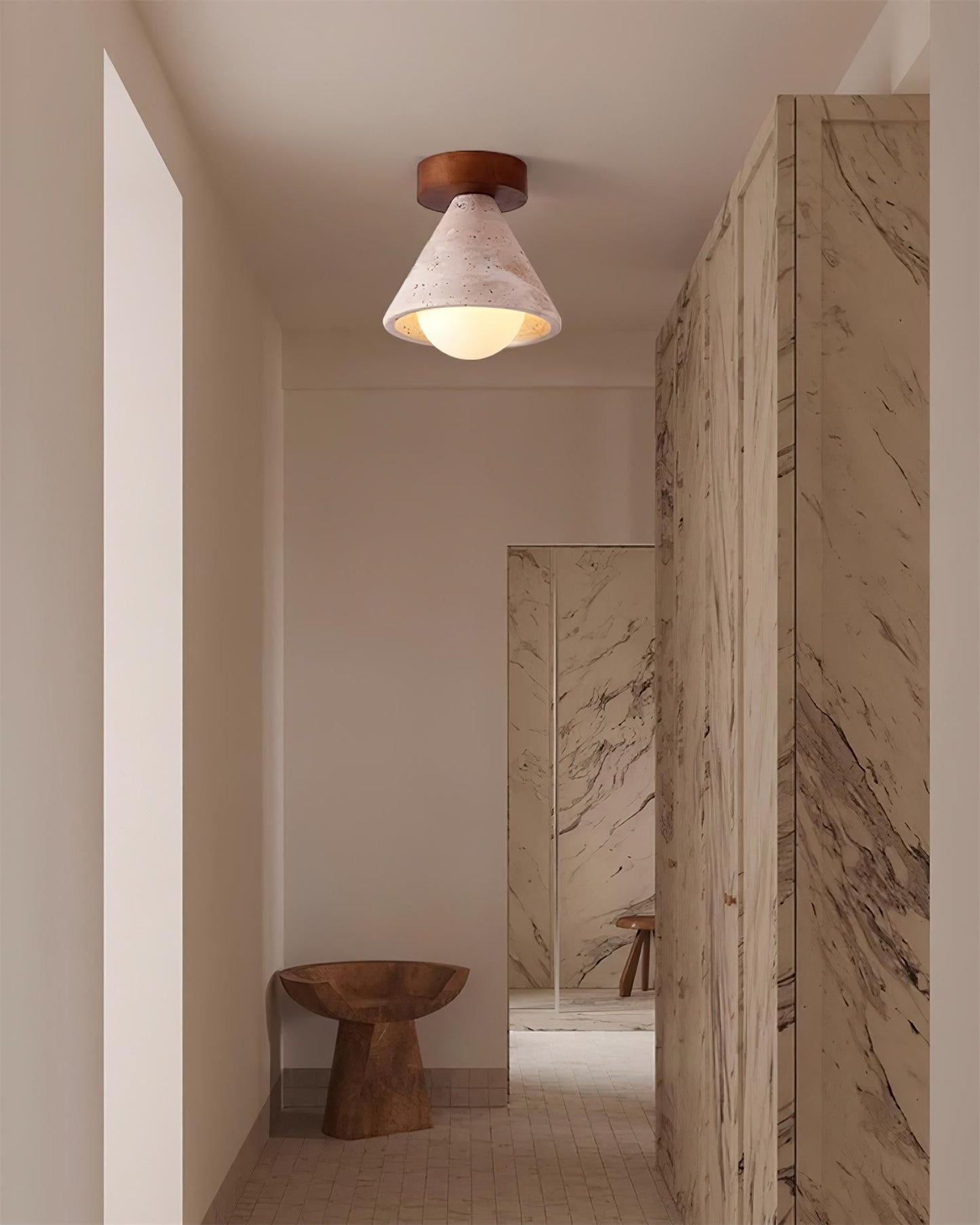 Hudon Collection | Flush Mount Ceiling Light Fixture with Wood Canopy | Elegant Travertine Design for Modern Spaces 8