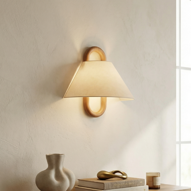 Lumen Collection | Wooden Wall Sconce Light with Fabric Shade | Soft Ambient Wall Lamp for Cozy Spaces 0
