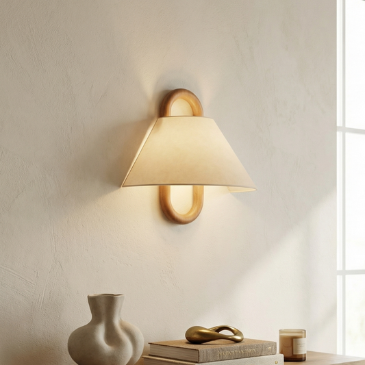 Lumen Collection | Wooden Wall Sconce Light with Fabric Shade | Soft Ambient Wall Lamp for Cozy Spaces 0