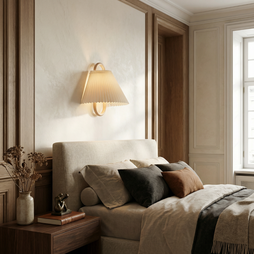 Lumen Collection | Wooden Wall Sconce Light with Fabric Shade | Soft Ambient Wall Lamp for Cozy Spaces 1