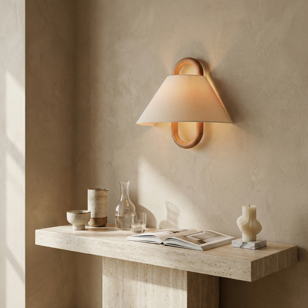 Lumen Collection | Wooden Wall Sconce Light with Fabric Shade | Soft Ambient Wall Lamp for Cozy Spaces 2