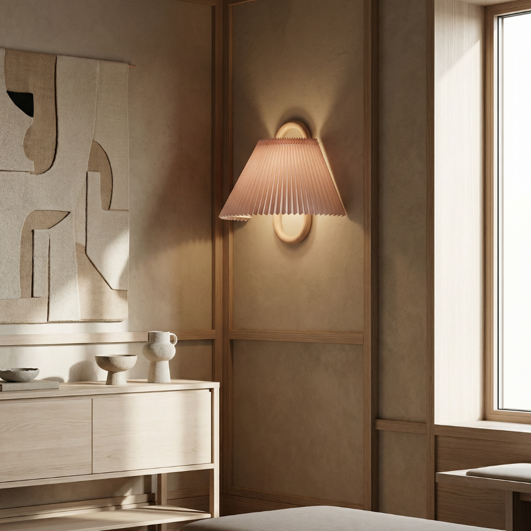 Lumen Collection | Wooden Wall Sconce Light with Fabric Shade | Soft Ambient Wall Lamp for Cozy Spaces 3