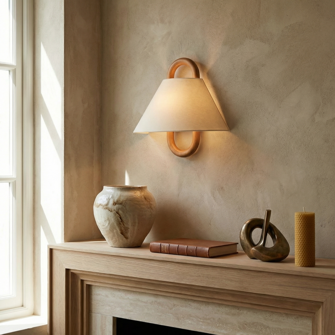 Lumen Collection | Wooden Wall Sconce Light with Fabric Shade | Soft Ambient Wall Lamp for Cozy Spaces 6