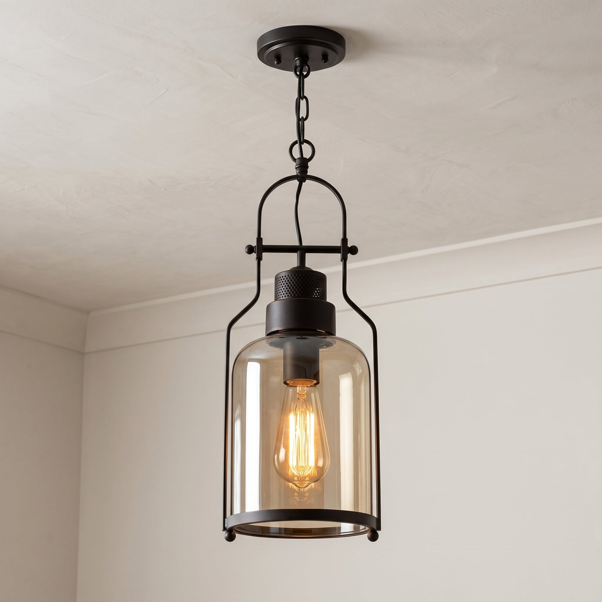 Lumen Morris | Glass Pendant Light with Rustic Iron Frame | Black Finish for Stylish Kitchen Island Lighting 0