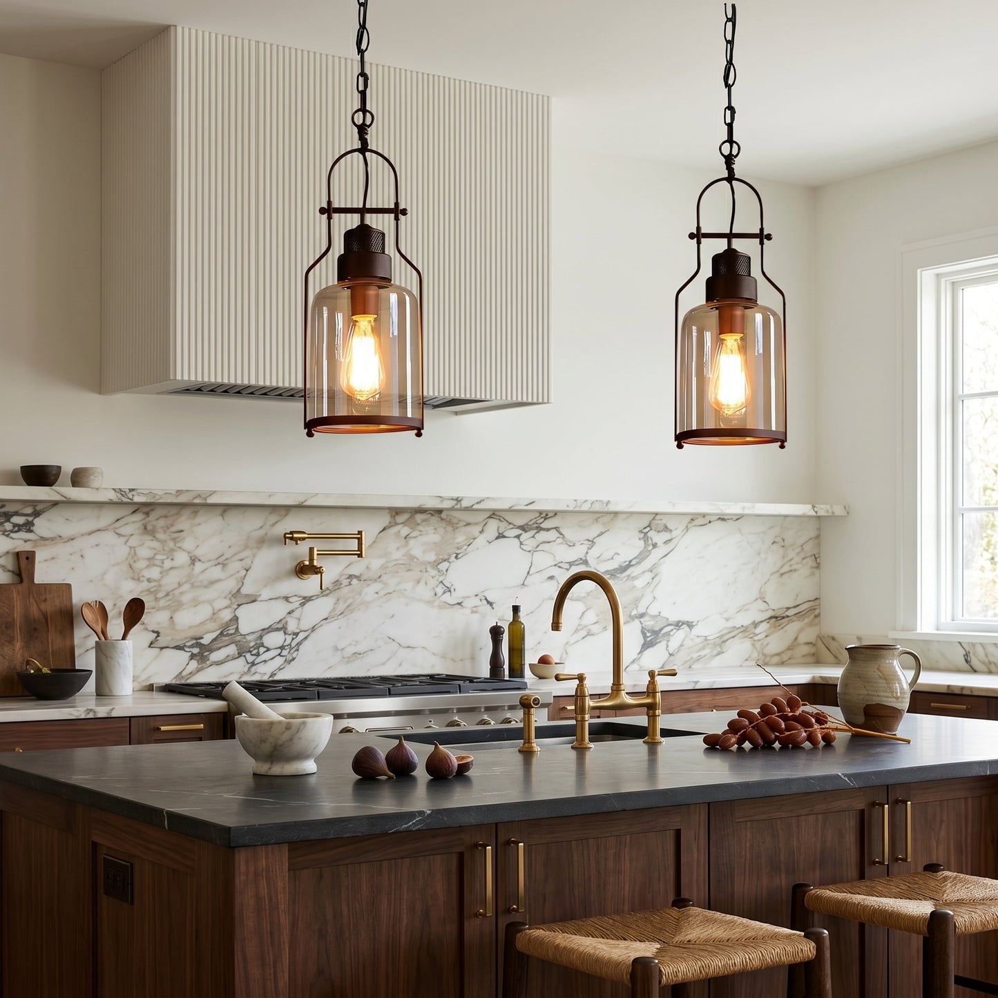 Lumen Morris | Glass Pendant Light with Rustic Iron Frame | Black Finish for Stylish Kitchen Island Lighting 3