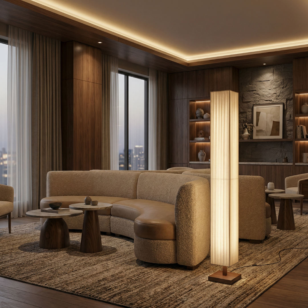 Lumen | Floor Lamp with Soft Fabric Shade & Walnut Wood Frame | Minimalist Design for Calm Ambiance 0