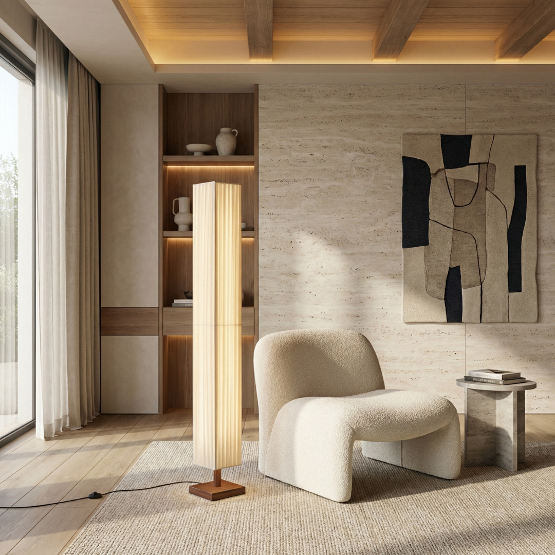 Lumen | Floor Lamp with Soft Fabric Shade & Walnut Wood Frame | Minimalist Design for Calm Ambiance 1
