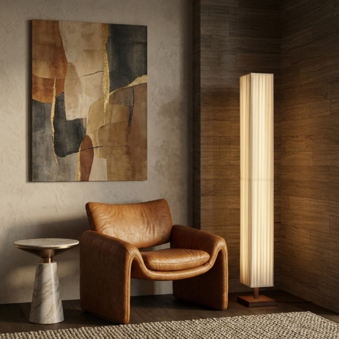 Lumen | Floor Lamp with Soft Fabric Shade & Walnut Wood Frame | Minimalist Design for Calm Ambiance 2