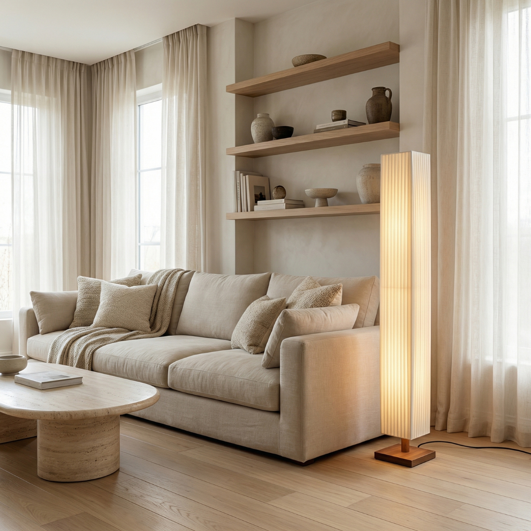 Lumen | Floor Lamp with Soft Fabric Shade & Walnut Wood Frame | Minimalist Design for Calm Ambiance 5