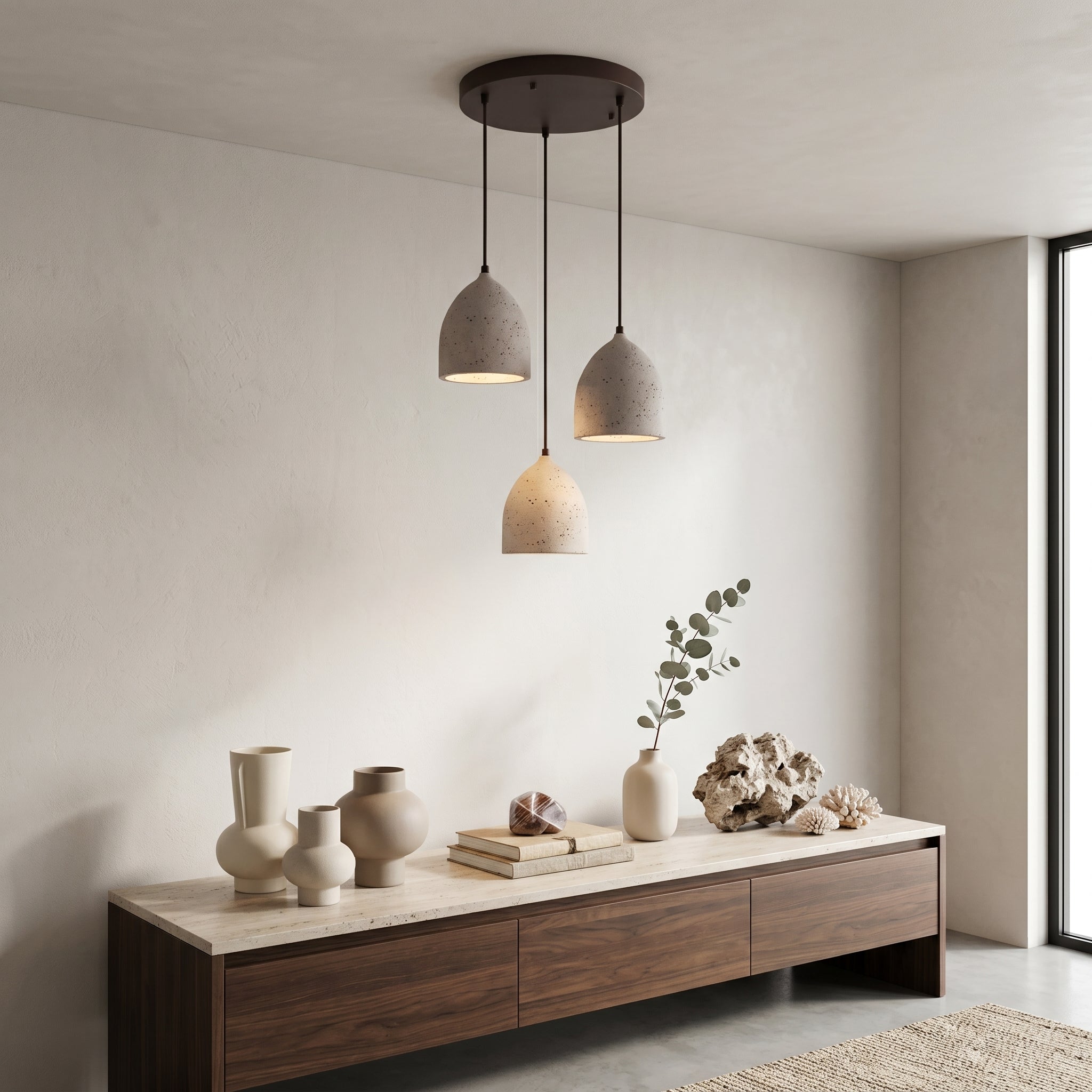 Lumen Volcanic Stone Pendant Light | Single-3 Head | Walnut/Beige