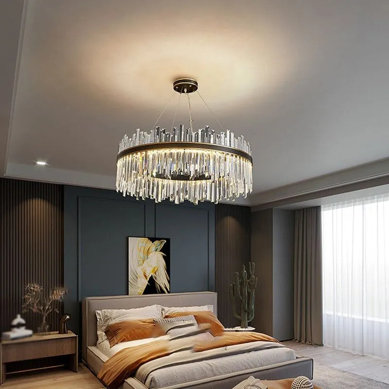Modern Crystal Chandelier Light with Adjustable Height & LED Strip | Elegant Lighting for Dining Room and Bedroom