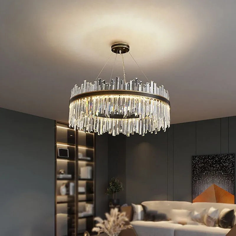 Modern Crystal Chandelier Light with Adjustable Height & LED Strip | Elegant Lighting for Dining Room and Bedroom