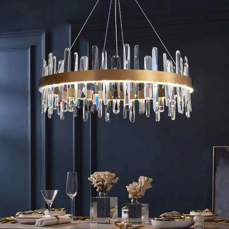 Modern Crystal Chandelier Light with Adjustable Height & LED Strip | Elegant Lighting for Dining Room and Bedroom
