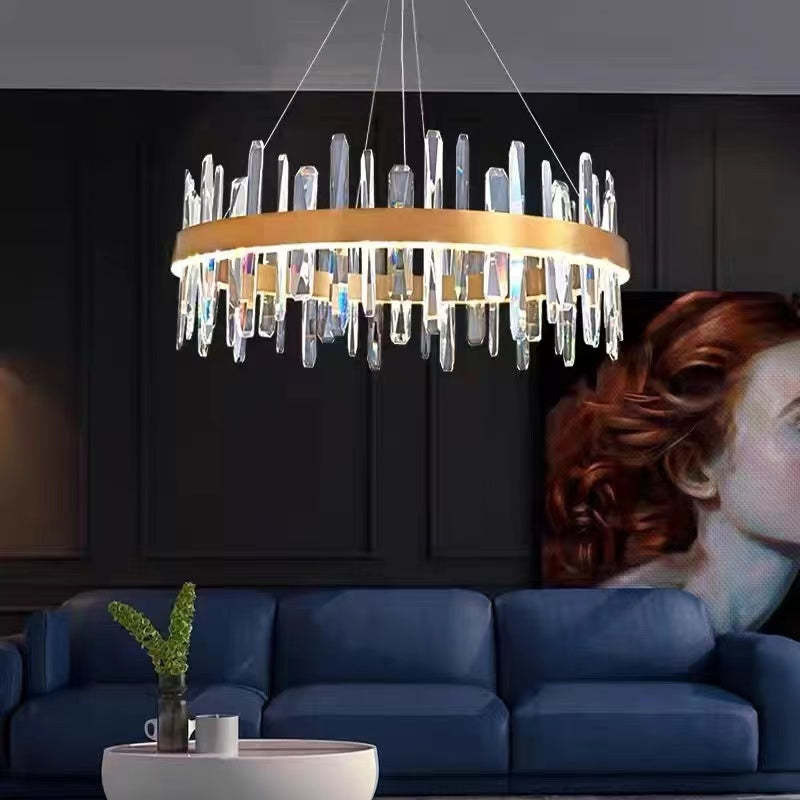 Modern Crystal Chandelier Light with Adjustable Height & LED Strip | Elegant Lighting for Dining Room and Bedroom
