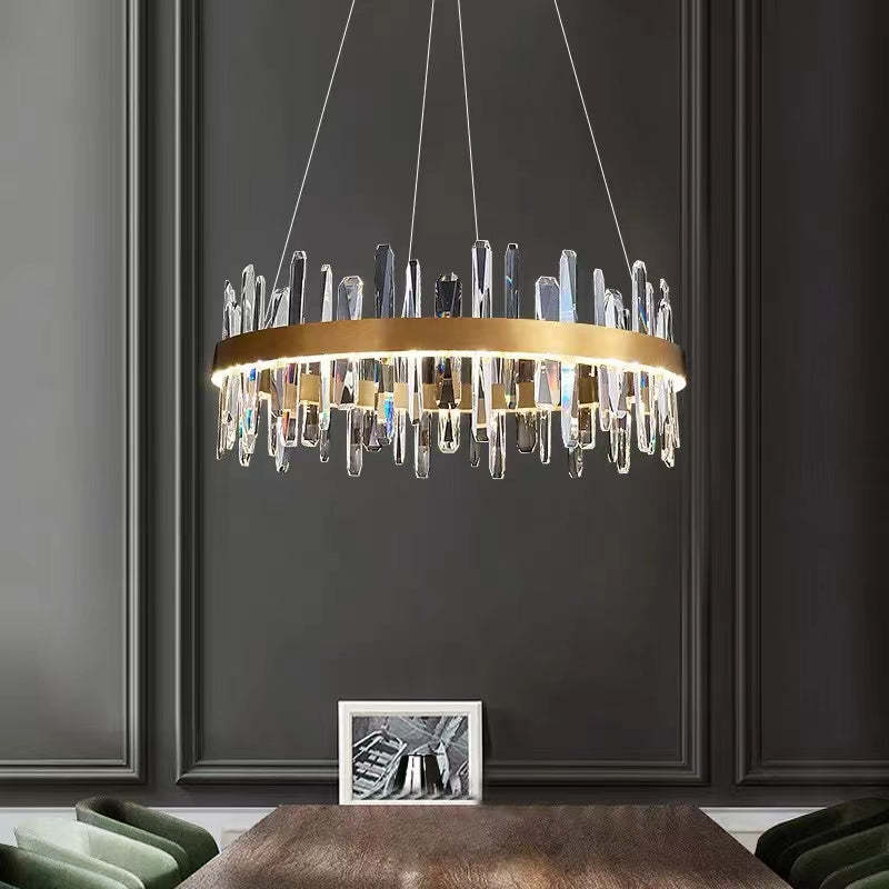 Modern Crystal Chandelier Light with Adjustable Height & LED Strip | Elegant Lighting for Dining Room and Bedroom