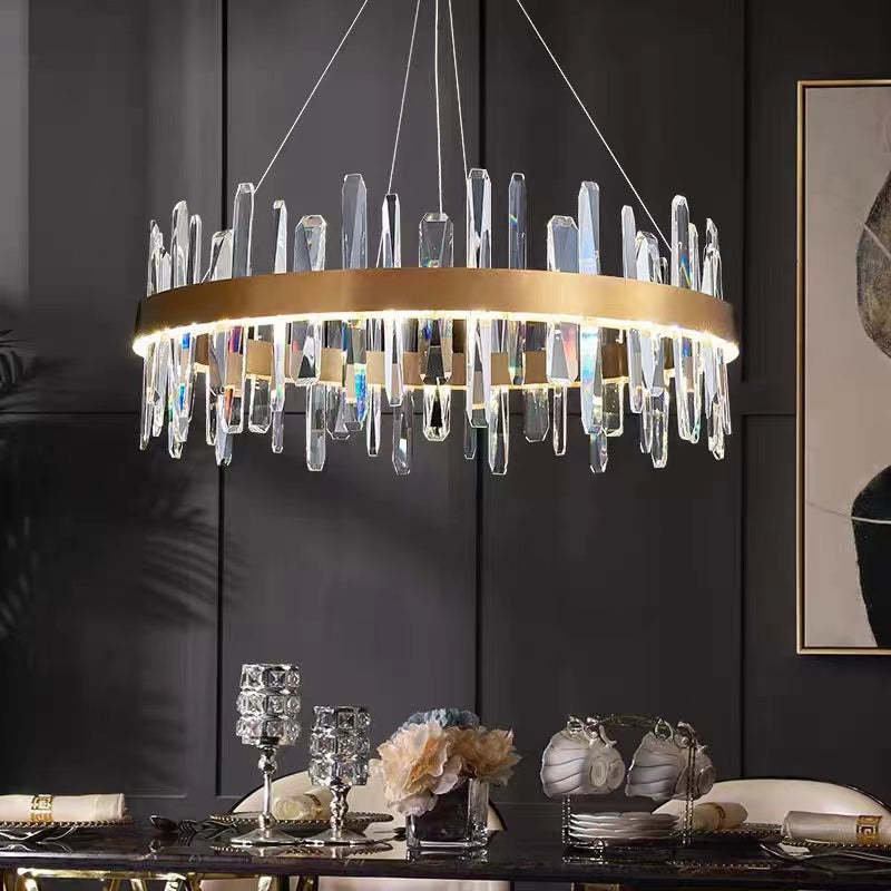 Modern Crystal Chandelier Light with Adjustable Height & LED Strip | Elegant Lighting for Dining Room and Bedroom