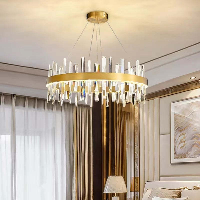 Modern Crystal Chandelier Light with Adjustable Height & LED Strip | Elegant Lighting for Dining Room and Bedroom