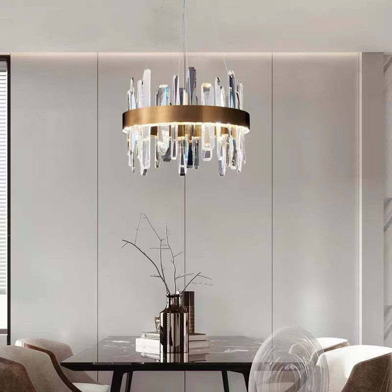 Modern Crystal Chandelier Light with Adjustable Height & LED Strip | Elegant Lighting for Dining Room and Bedroom