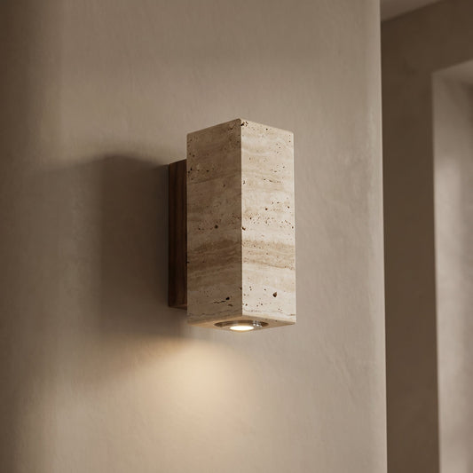 Natural Elegance | Wall Sconce Lighting with Unique Travertine Shade | Warm Wood Bracket for Cozy Ambiance 0