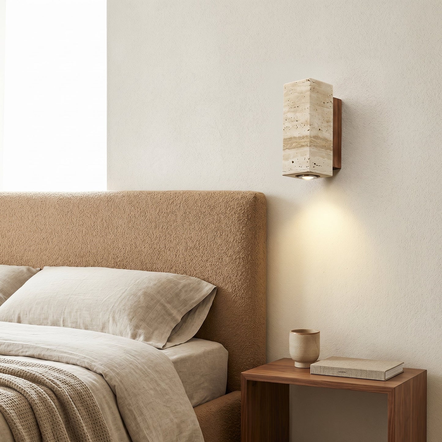 Natural Elegance | Wall Sconce Lighting with Unique Travertine Shade | Warm Wood Bracket for Cozy Ambiance 1