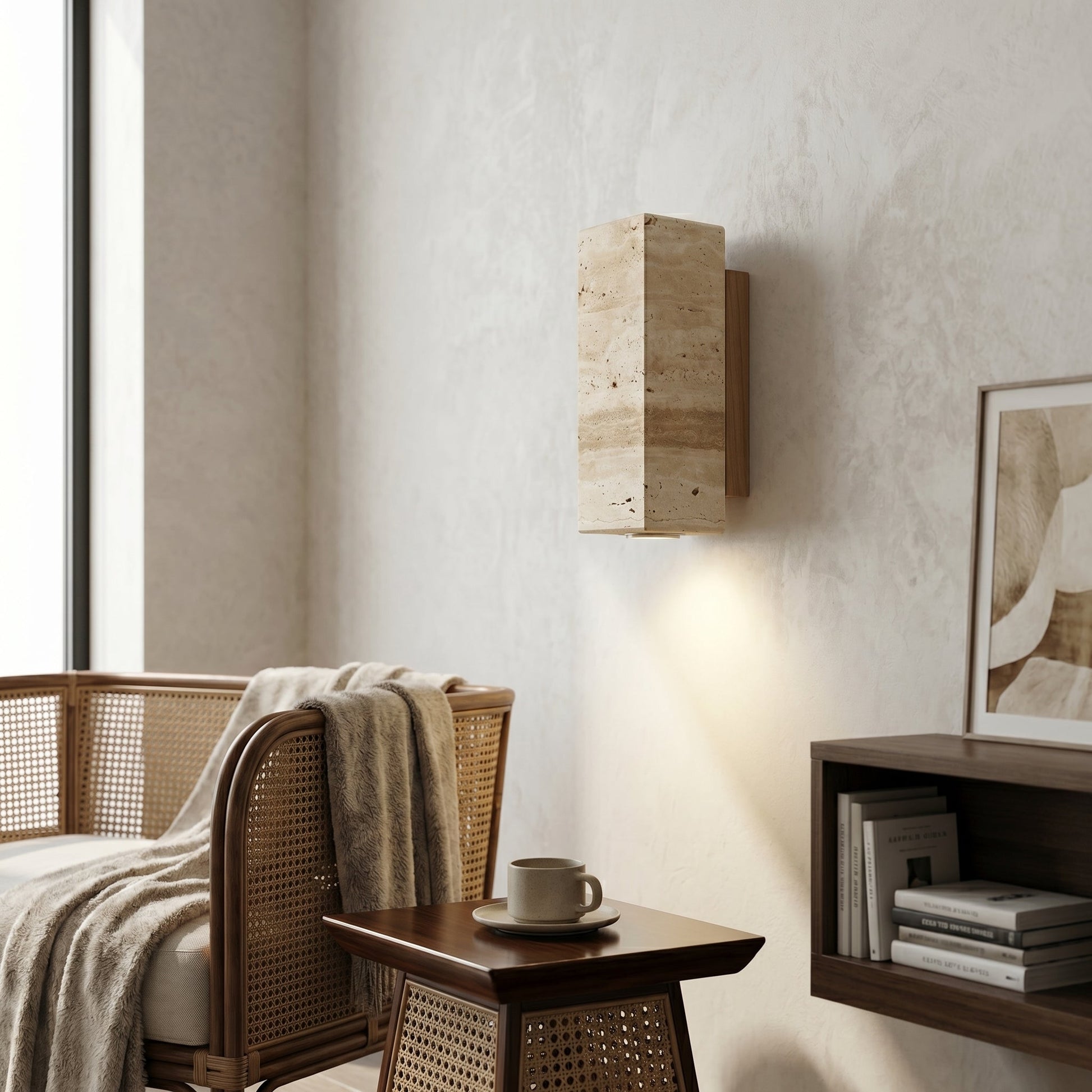 Natural Elegance | Wall Sconce Lighting with Unique Travertine Shade | Warm Wood Bracket for Cozy Ambiance 2