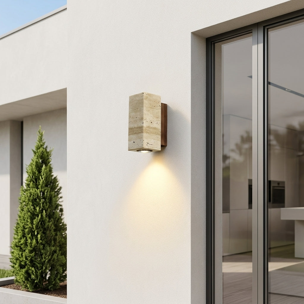 Natural Elegance | Wall Sconce Lighting with Unique Travertine Shade | Warm Wood Bracket for Cozy Ambiance 3